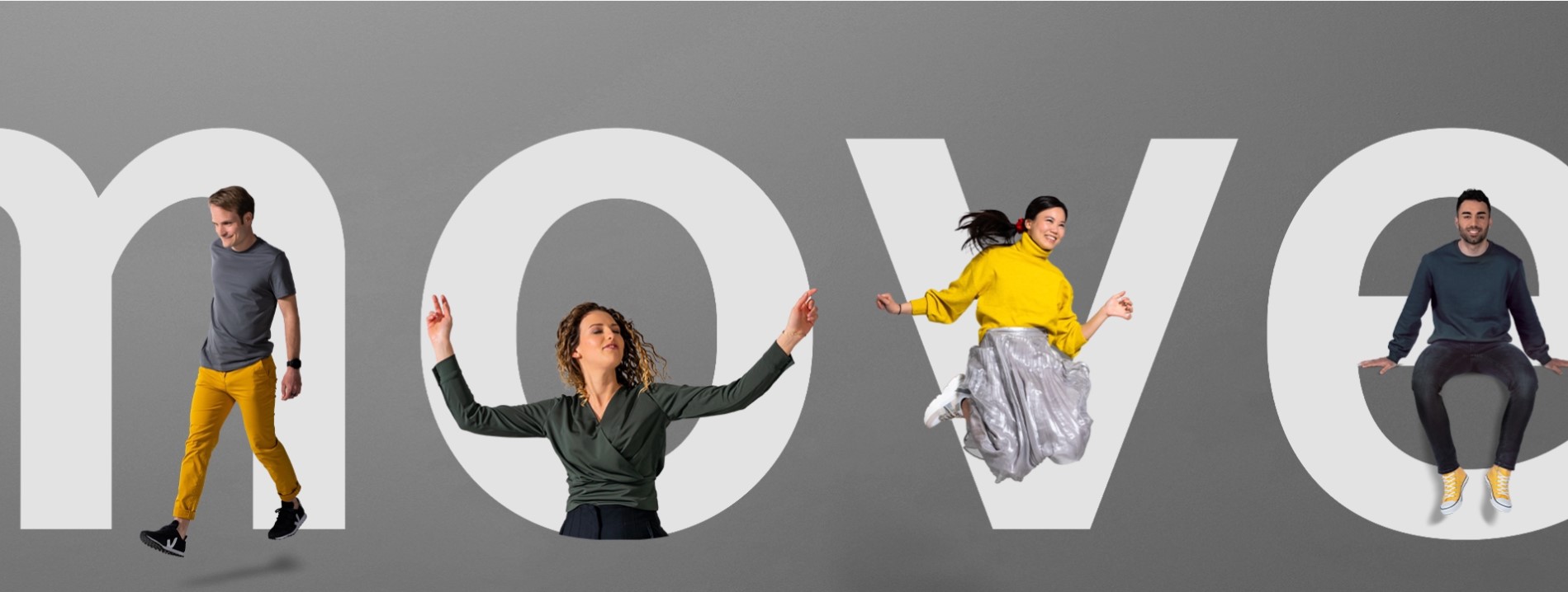 Move banner that shows four of our employees interacting with the letters